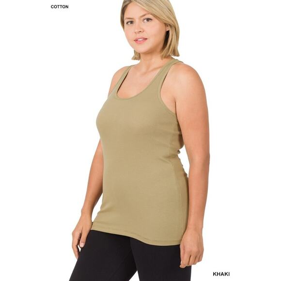 2X Khaki Ribbed Seamless Racerback Tank Top Zenana oversized Plus Size comfort - Picture 1 of 8